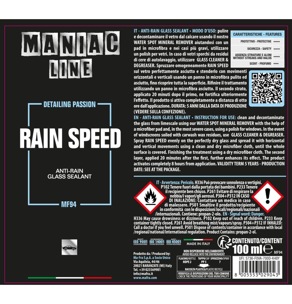 Rain Speed 100ml Maniac Line| Anti-rain glass sealant | Mafra Shop