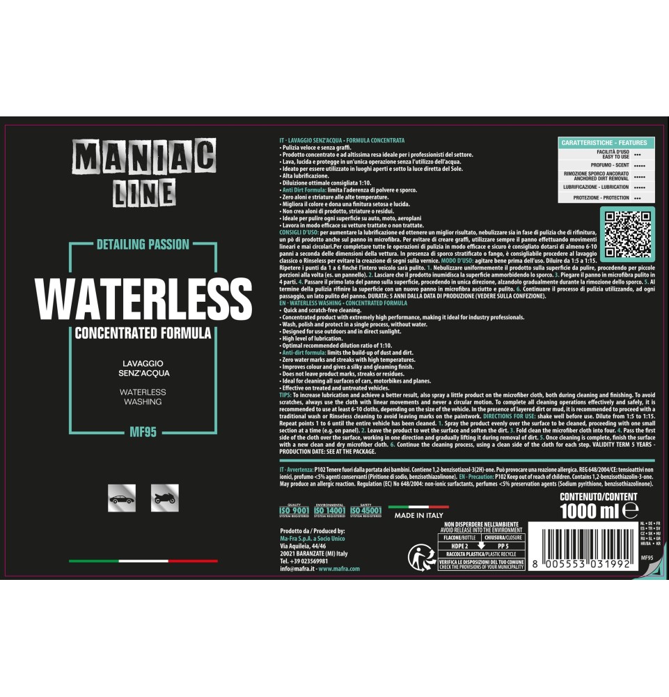 Waterless 1000ml Maniac Line| Lavaggio auto a secco | Mafra Shop 2