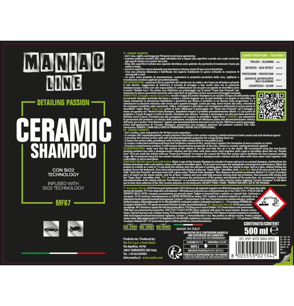 Ceramic Shampoo 500ml Maniac| shampoo per auto formula 3 in 1