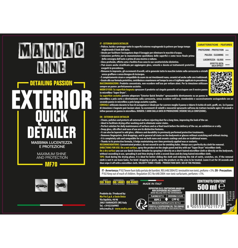 Exterior Quick Detailer| pulitore a secco 3 in 1 | Maniac Line