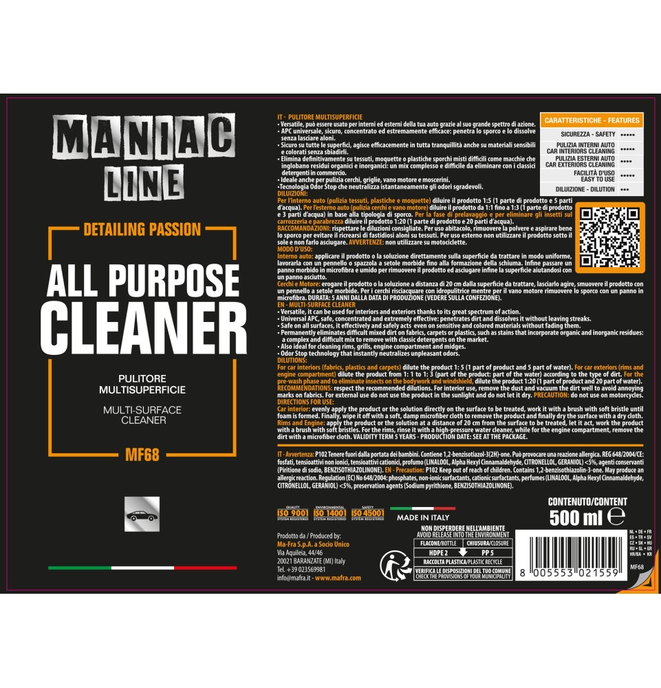 APC All Purpose Cleaner| pulitore multisuperficie per interni ed esterni | Maniac Line