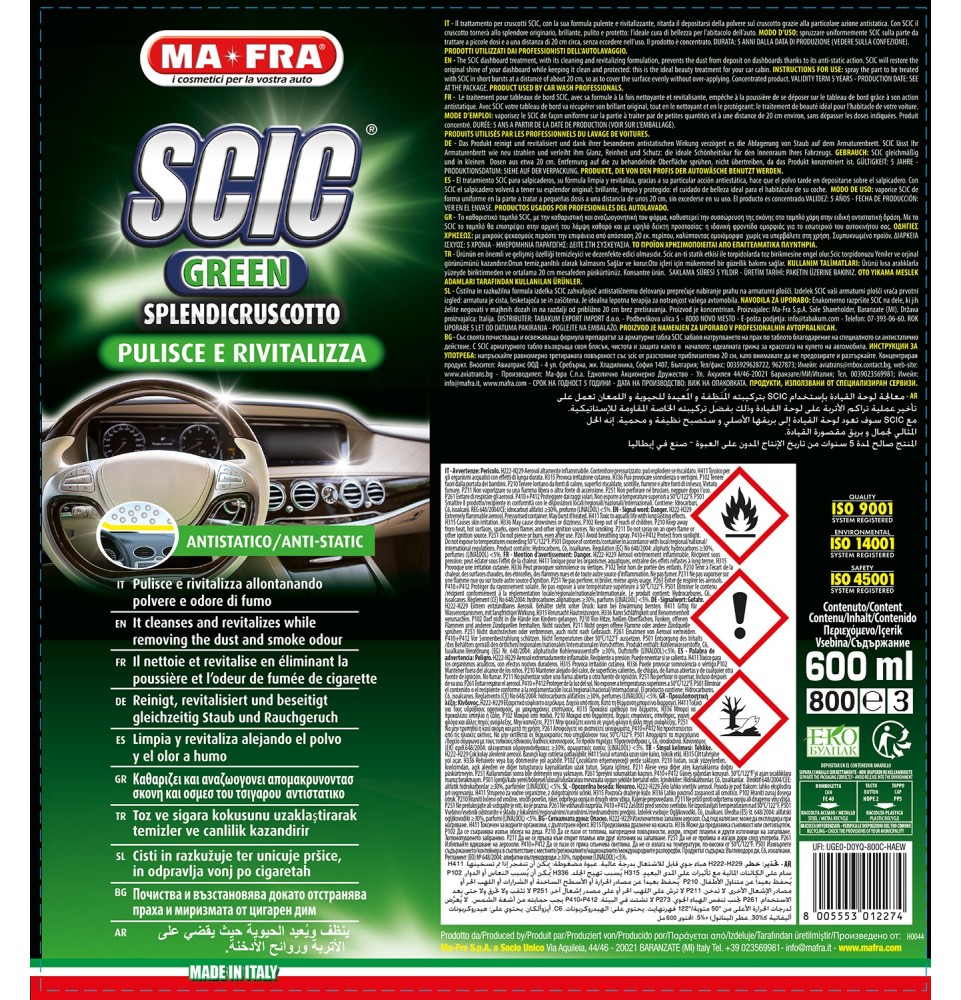 Scic Green prodotto per la pulizia dei cruscotti auto