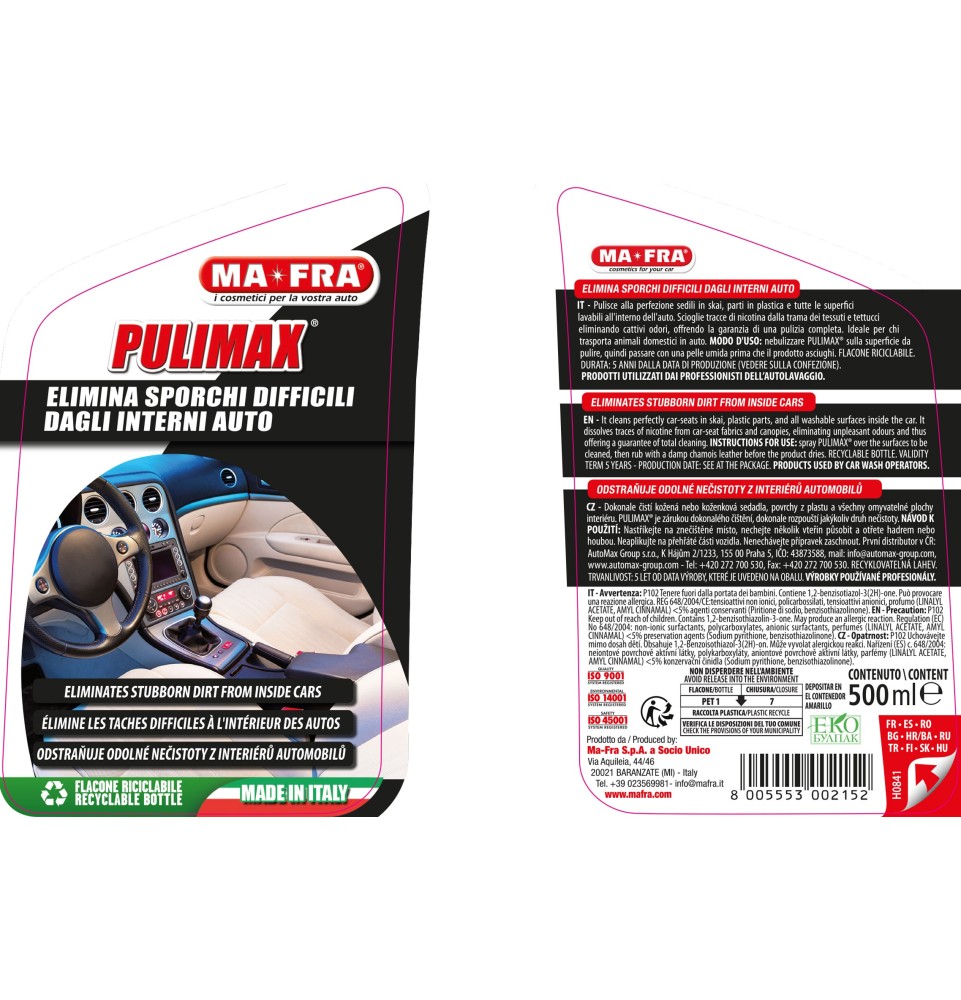 Pulimax prodotto per la pulizia e igienizzazioni interni auto
