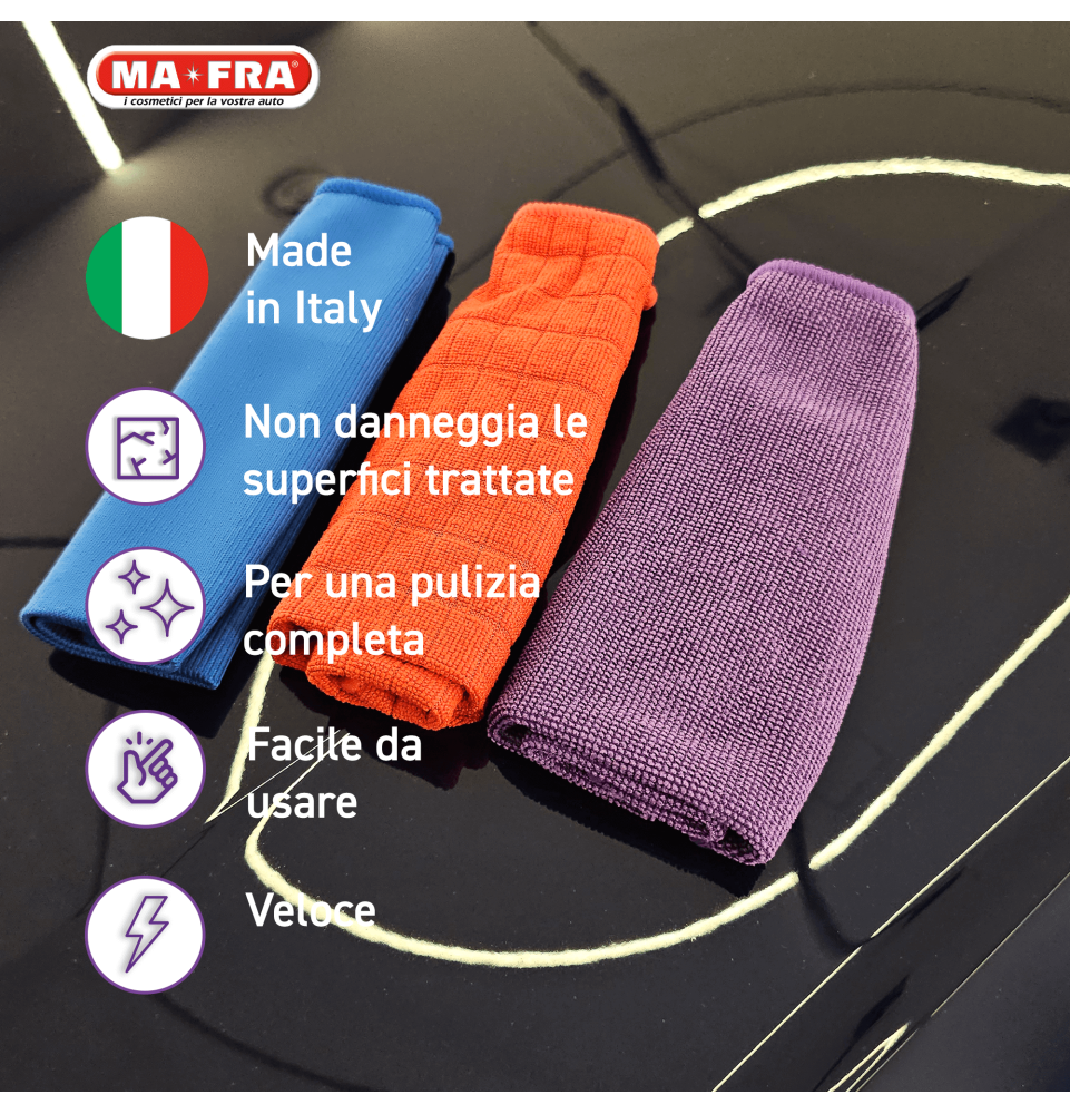 3Shine è un tris di panni specifici per carrozzeria, vetri e plastiche