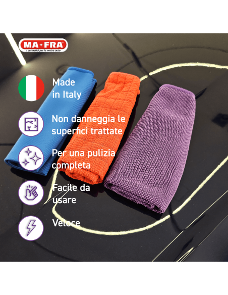 3Shine è un tris di panni specifici per carrozzeria, vetri e plastiche