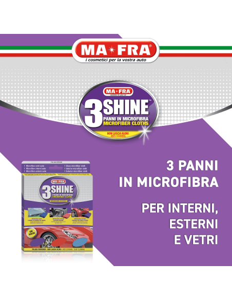 3Shine è un tris di panni specifici per carrozzeria, vetri e plastiche