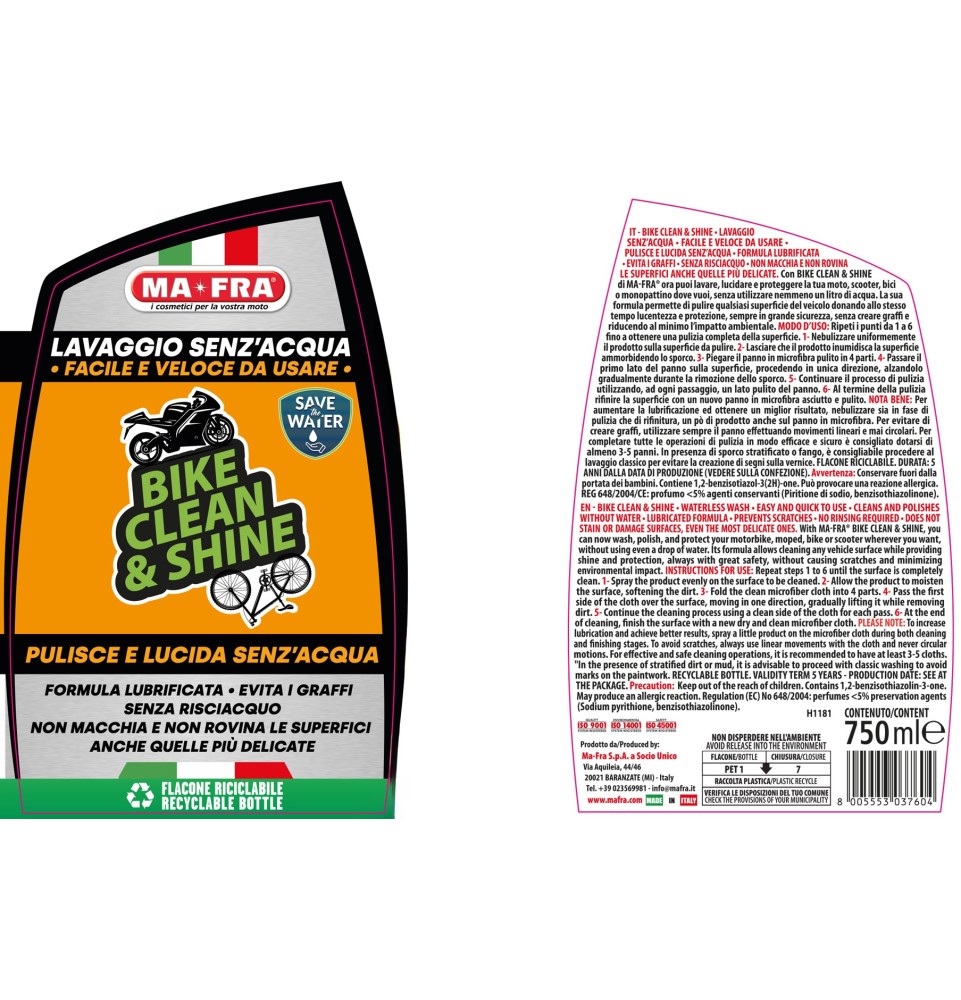 Bike Clean & Shine Mafra lavaggio waterless a secco senz'acqua di moto e bici