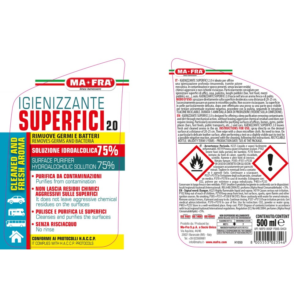 Igienizzante Superfici 2.0 500ml Spray | Mafra | Soluzione Idroalcolica 75% Purifica, Igienizza Superfici