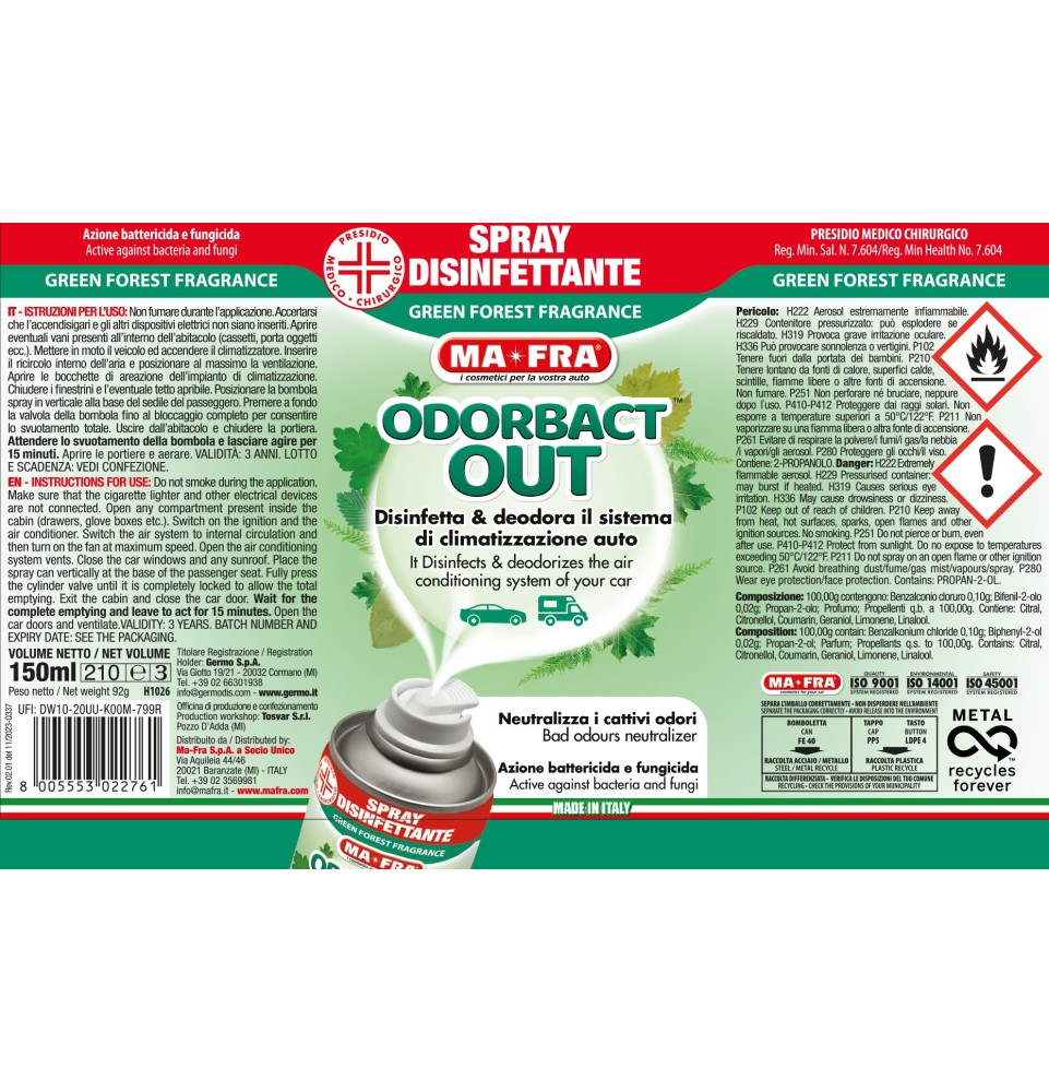 Odorbact Out PMC Green Forest Fragrance | Mafra | Disinfetta e Deodora il Sistema di Climatizzazione Auto