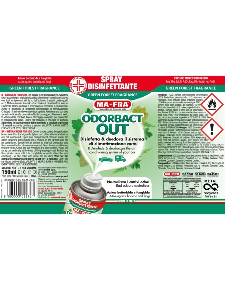 Odorbact Out PMC Green Forest Fragrance | Mafra | Disinfetta e Deodora il Sistema di Climatizzazione Auto