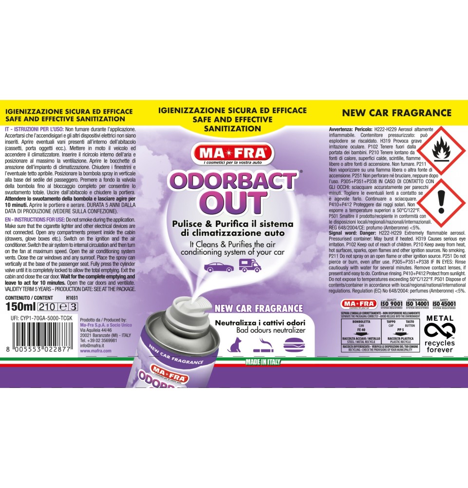 Odorbact Out New Car Fragrance | Mafra | Pulisce e Purifica il Sistema di Climatizzazione Auto