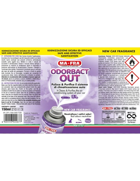 Odorbact Out New Car Fragrance | Mafra | Pulisce e Purifica il Sistema di Climatizzazione Auto