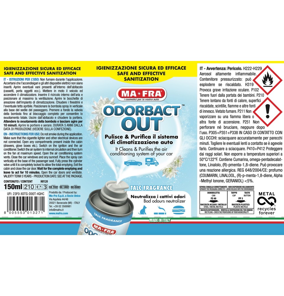 Odorbact Out Talc Fragrance è un prodotto Mafra per la pulizia e purificazione del sistema di climatizzazione auto