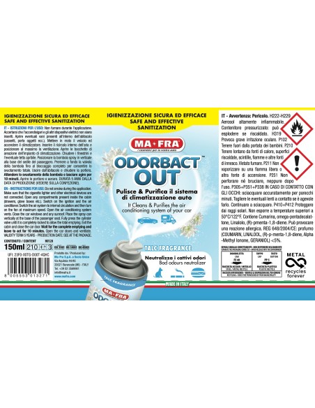 Odorbact Out Talc Fragrance è un prodotto Mafra per la pulizia e purificazione del sistema di climatizzazione auto