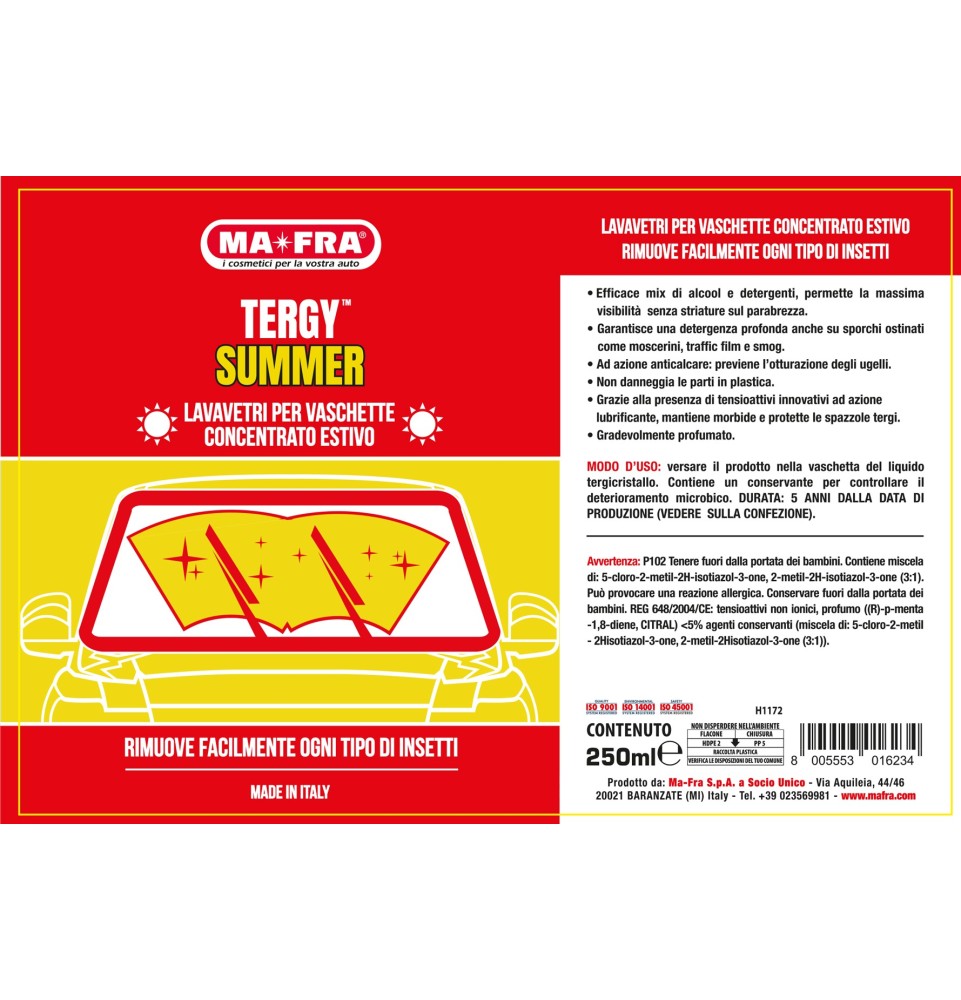 Tergy Summer 250ml | Liquido estivo lavavetri concentrato per vaschette tergicristallo auto | Mafra Shop