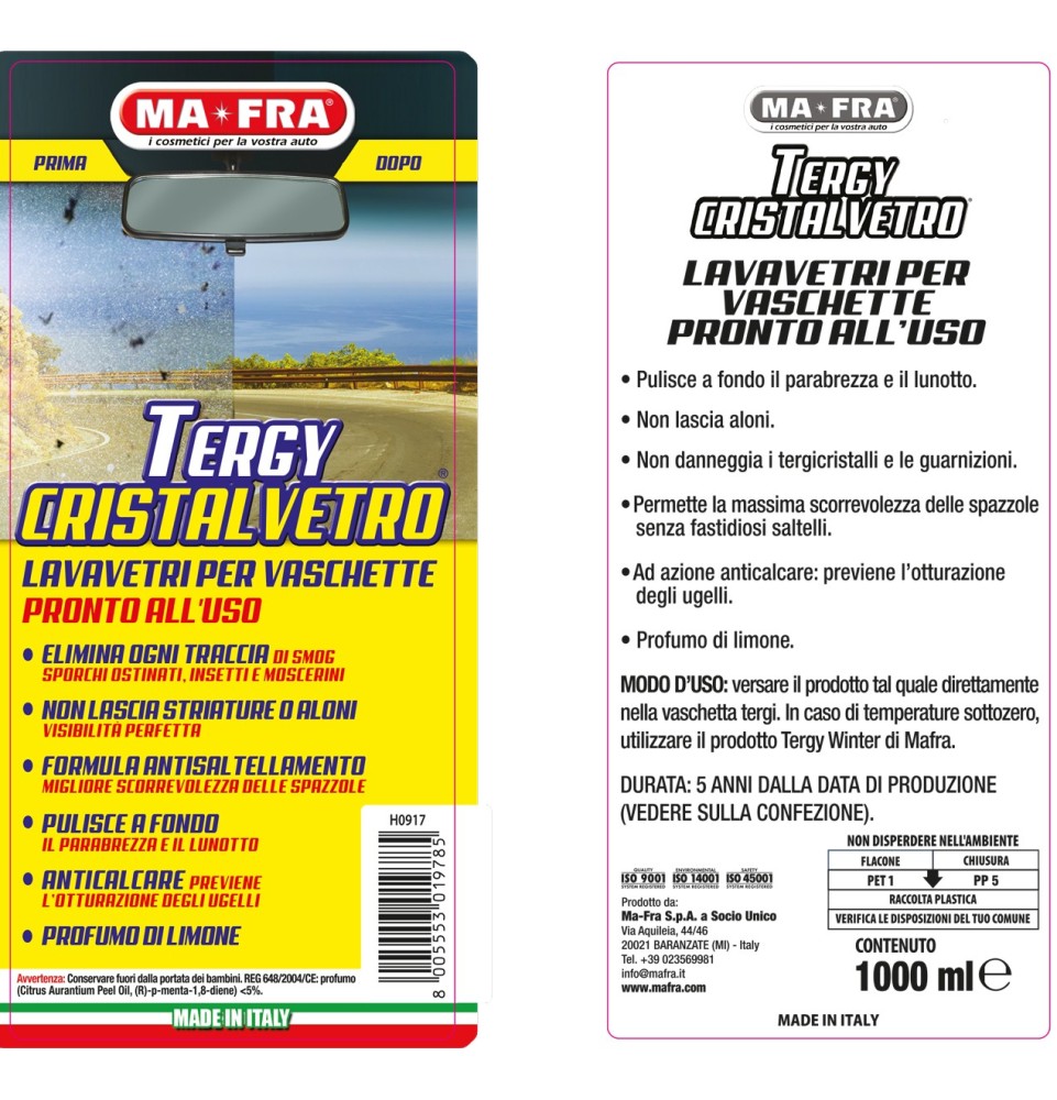 Tergy Cristalvetro 1000ml | Liquido lavavetri per vaschette tergicristallo pronto all'uso | Mafra Shop