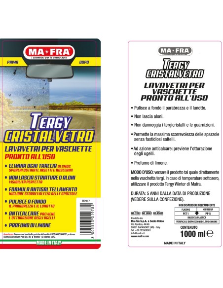 Tergy Cristalvetro 1000ml | Liquido lavavetri per vaschette tergicristallo pronto all'uso | Mafra Shop