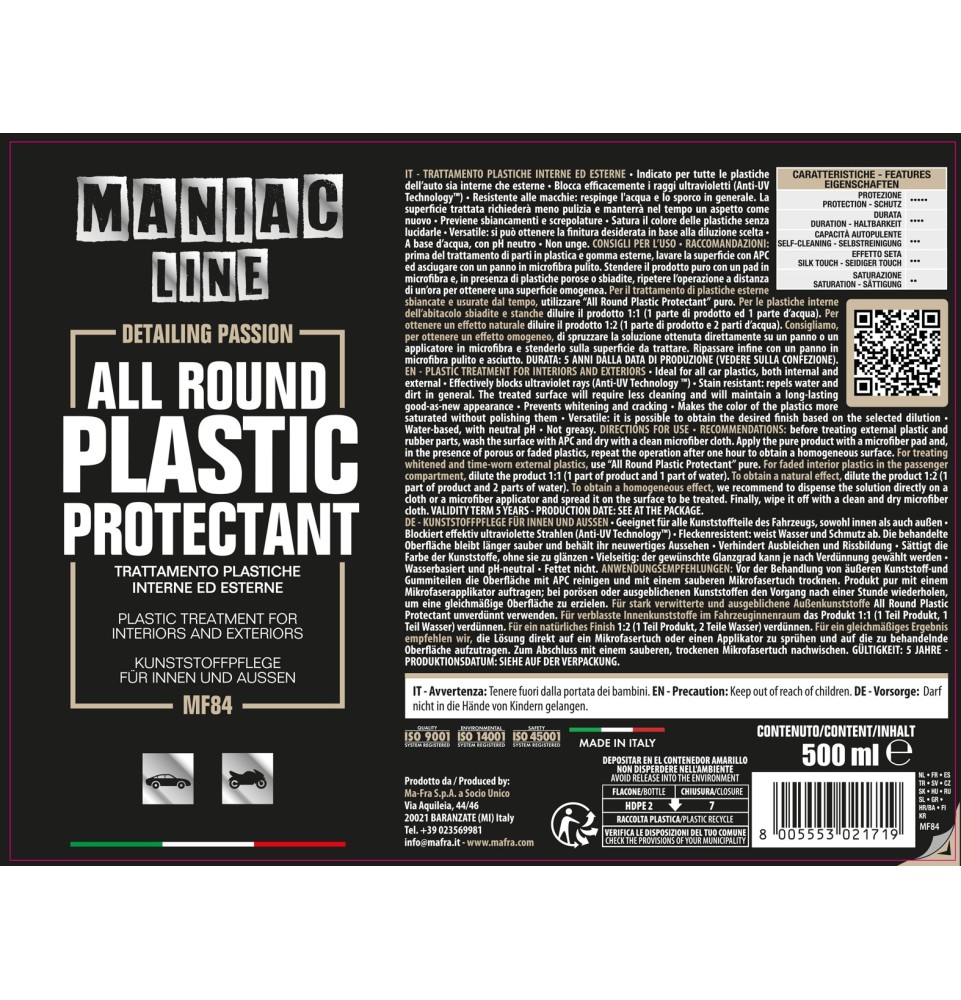 All Round Plastic Protectant 500ml Maniac Line| rinnova plastiche auto 2