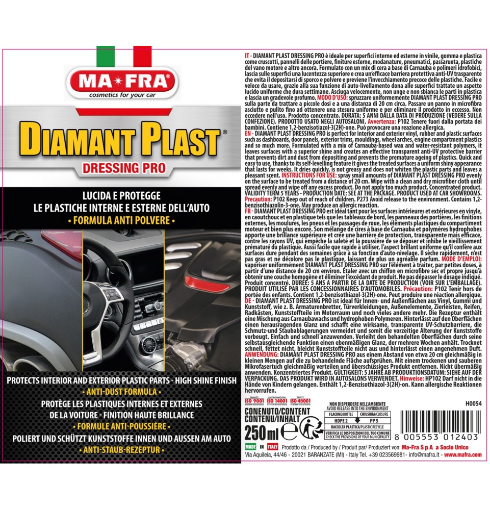Diamant Plast Dressing Pro 250ml lucida e protegge plastiche interne esterne auto | Mafra Shop