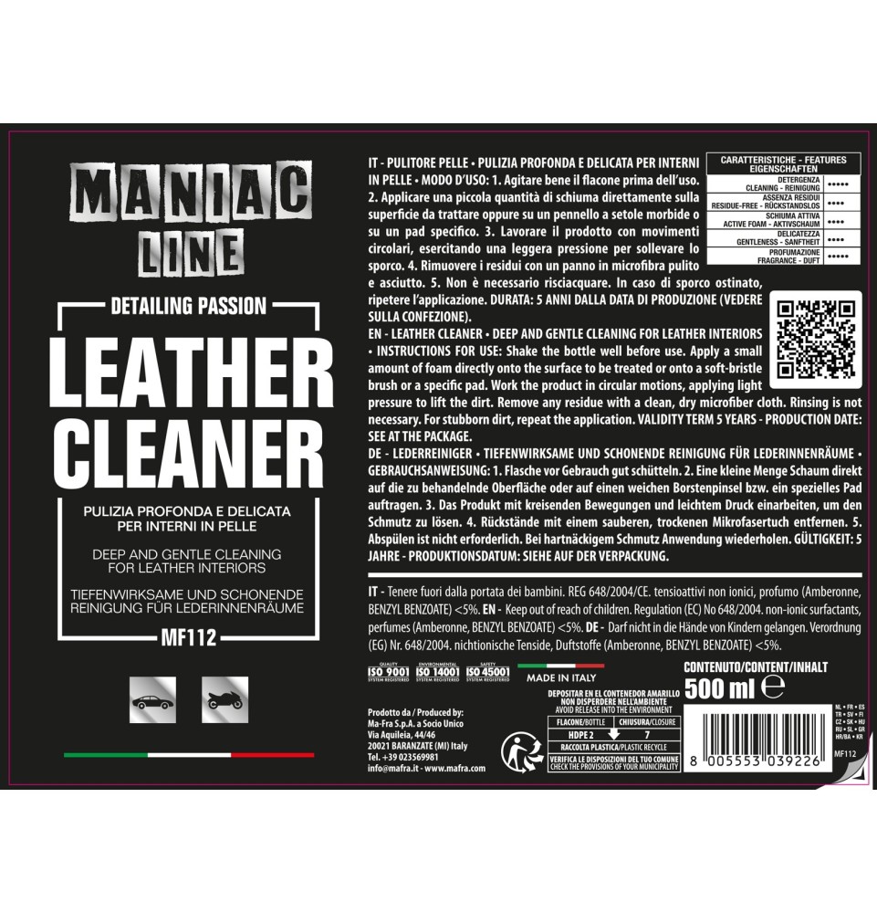 Leather Cleaner Maniac Line | Prodotto per la pulizia della Pelle Auto