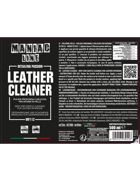 Leather Cleaner Maniac Line | Prodotto per la pulizia della Pelle Auto