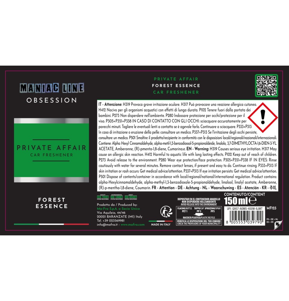 Maniac Obsession - Profumatore auto spray | 6 fragranze intense