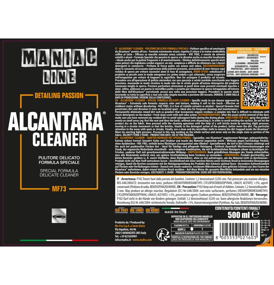 Alcantara® Cleaner 500ml Maniac Line| pulitore specifico per Alcantara
