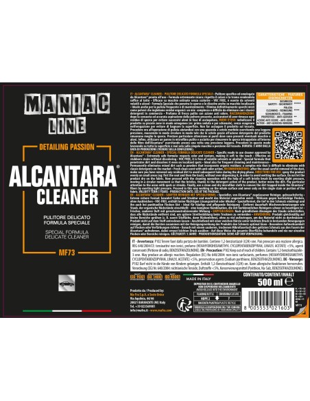 Alcantara® Cleaner 500ml Maniac Line| pulitore specifico per Alcantara