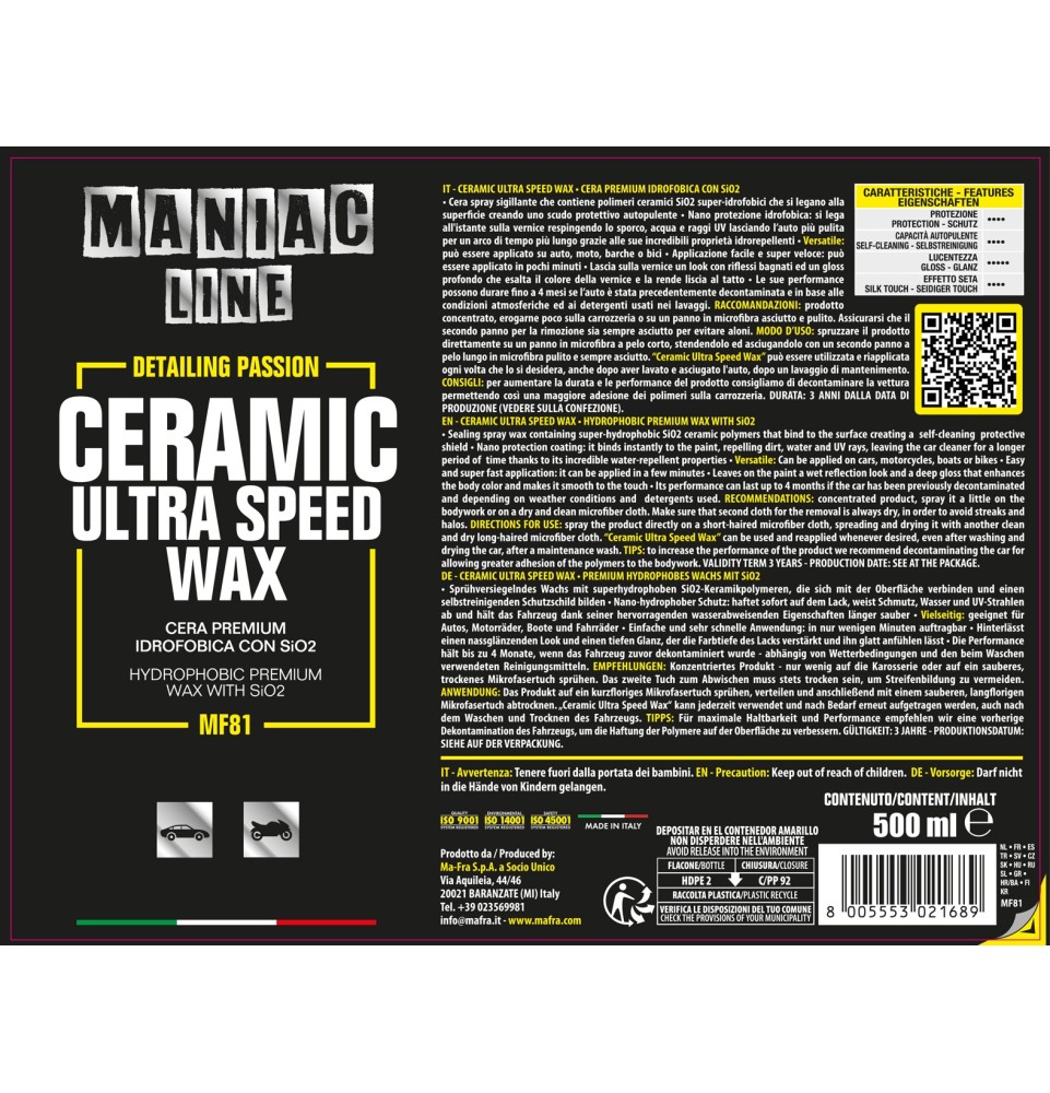 Ceramic Ultra Speed Wax 500ml Maniac Line| cera spray per auto 2