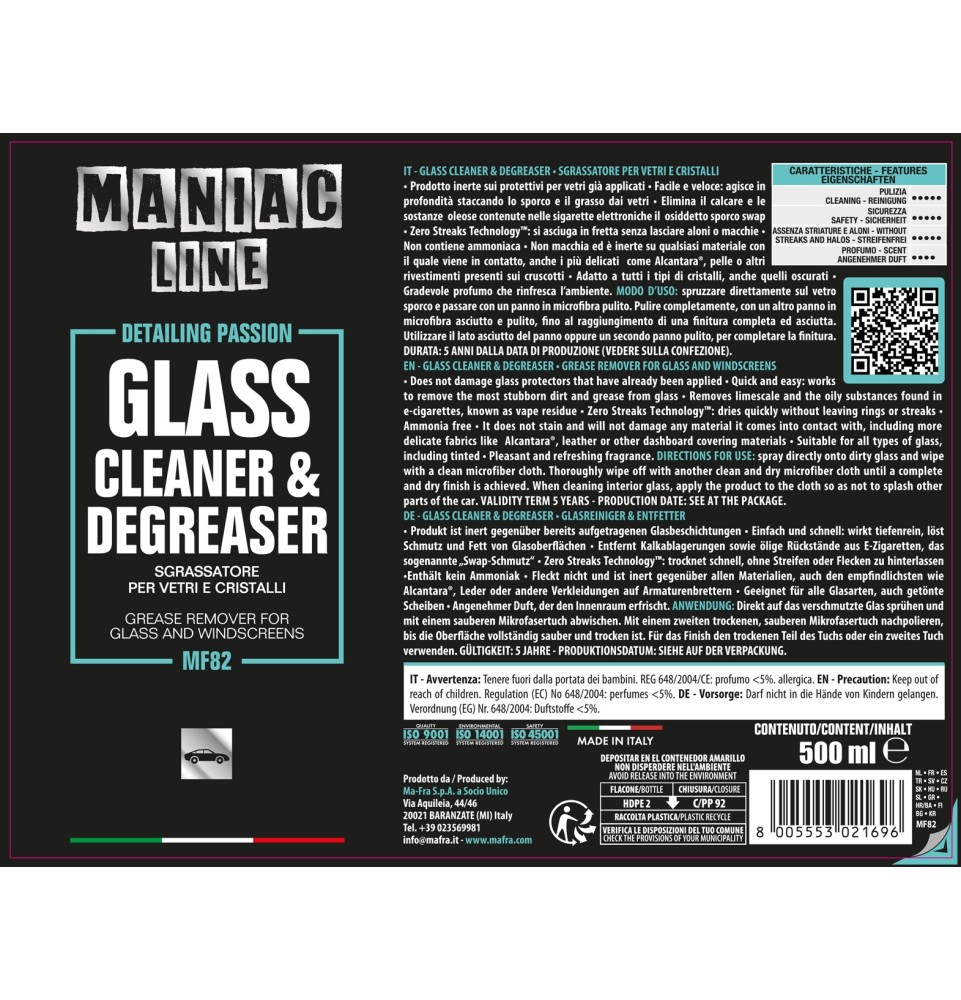 Glass Cleaner & Degreaser| sgrassatore vetri e cristalli | Maniac Line 2
