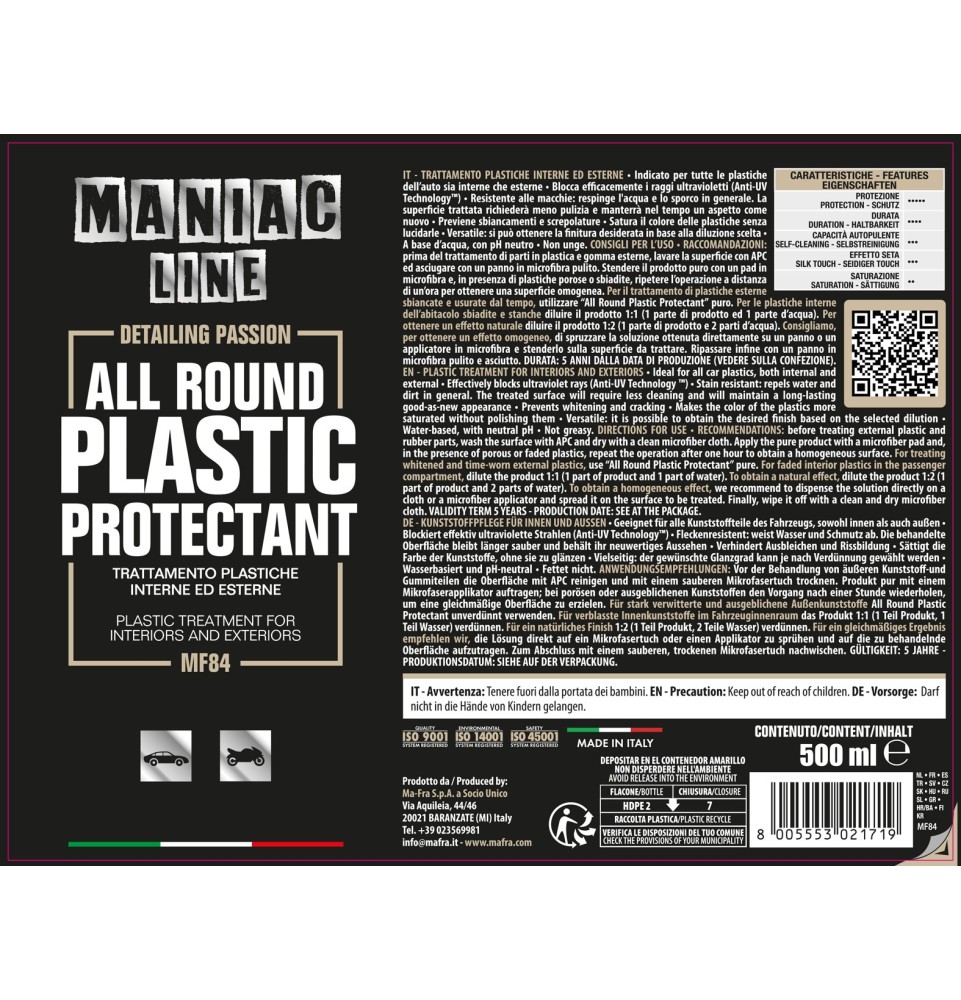 All Round Plastic Protectant 500ml Maniac Line| rinnova plastiche auto
