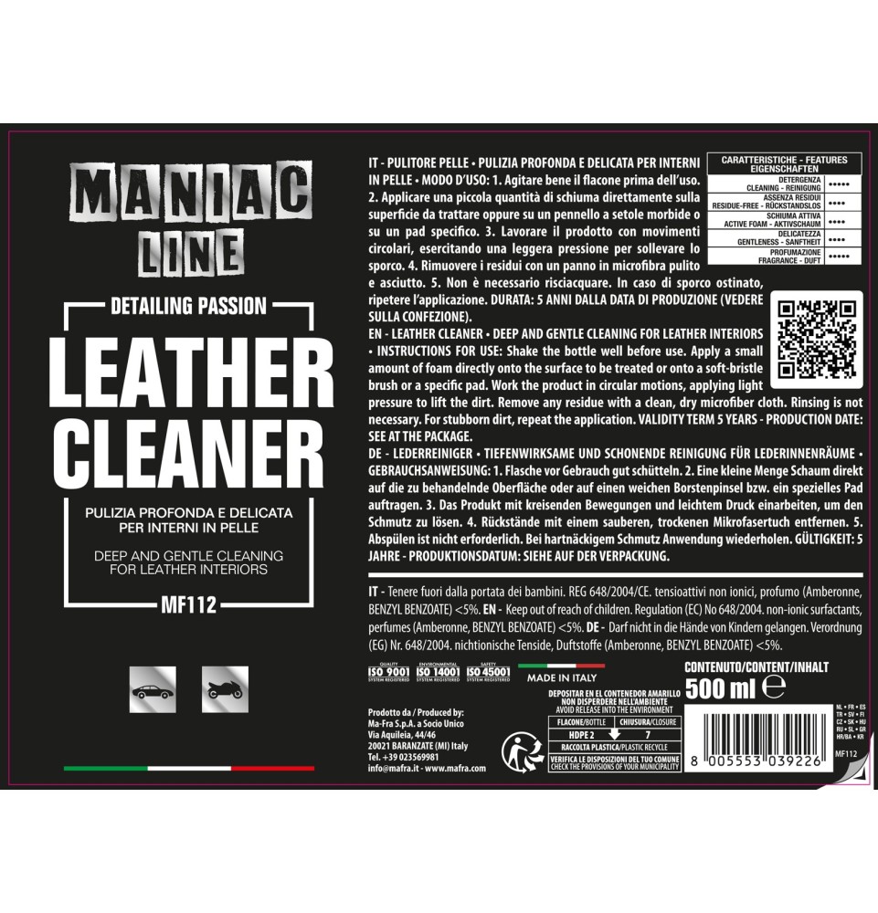 Leather Cleaner Maniac Line | Prodotto per la pulizia della Pelle Auto