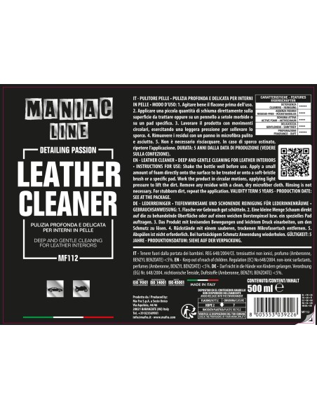 Leather Cleaner Maniac Line | Prodotto per la pulizia della Pelle Auto