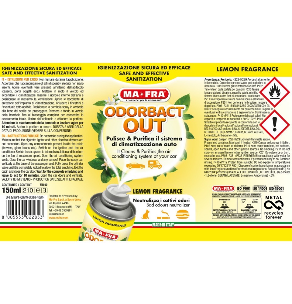 Odorbact Out Lemon Fragrance | Mafra | Pulisce e Purifica il Sistema di Climatizzazione Auto