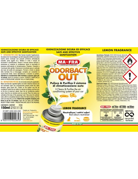 Odorbact Out Lemon Fragrance | Mafra | Pulisce e Purifica il Sistema di Climatizzazione Auto
